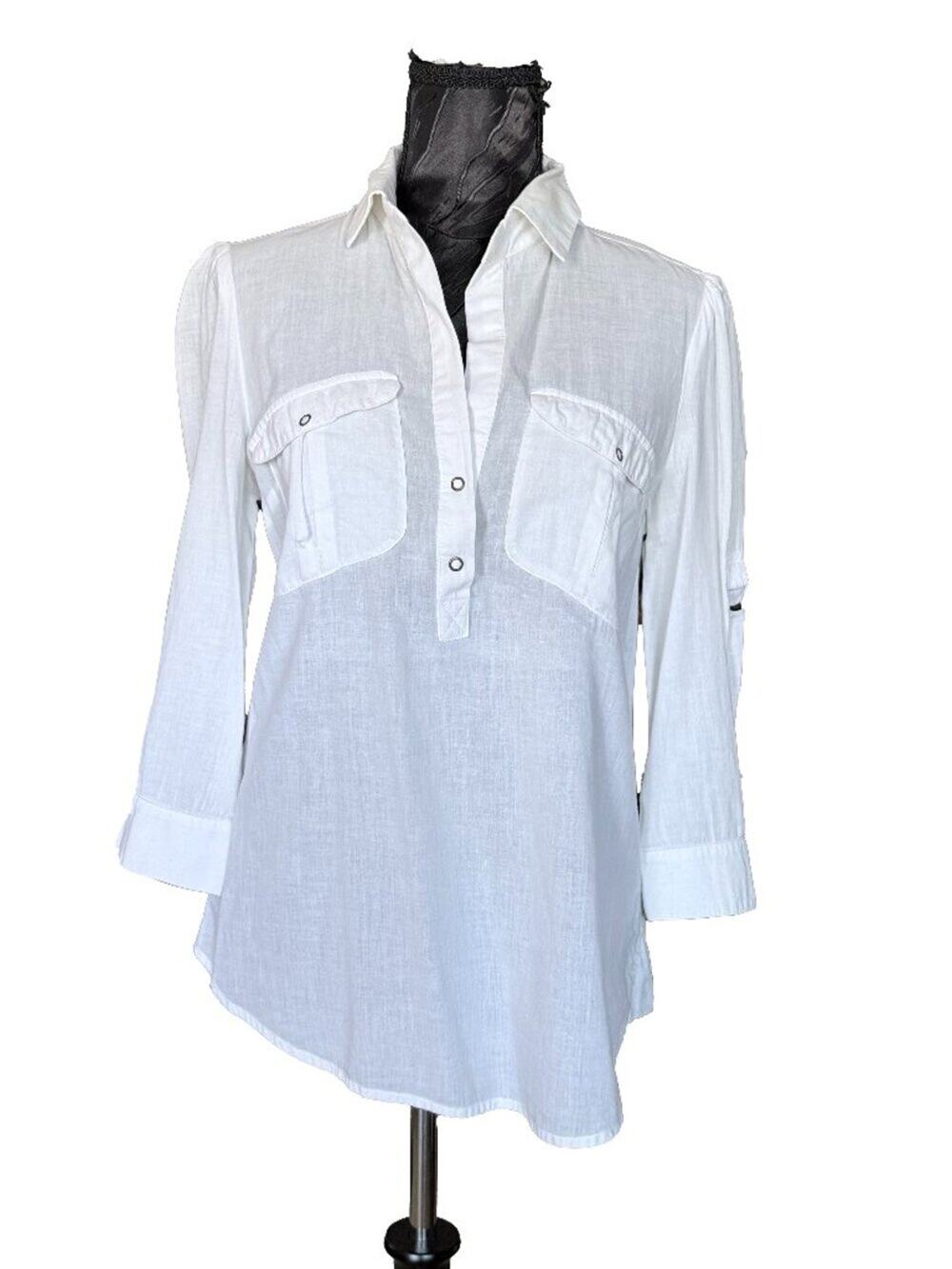 Anthropologie FEI White Cotton Roll Tab Tunic Blouse Shirt Eyelet Details Size 2